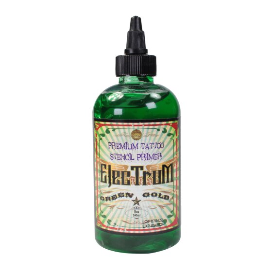 View of a bottle of Electrum Tattoo Stencil Primer 240ml with twist top cap