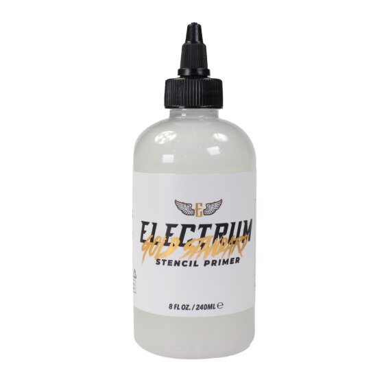 View of a bottle of Electrum Gold Standard Tattoo Stencil Primer 8oz with twist top cap