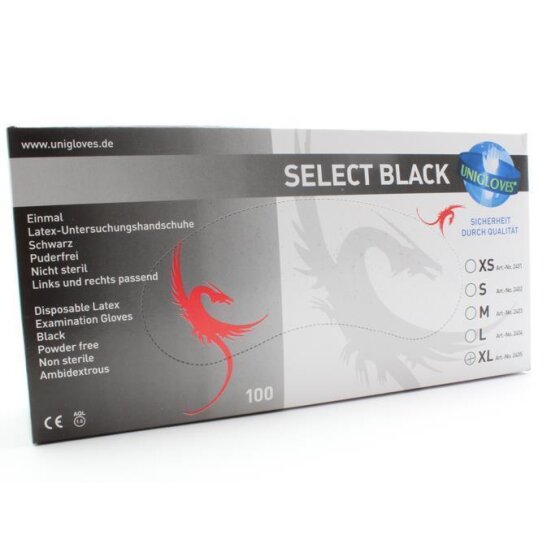 unigloves select black latexhandschuhe robust microgeraute Handfläche puderfrei schwarz Größe L