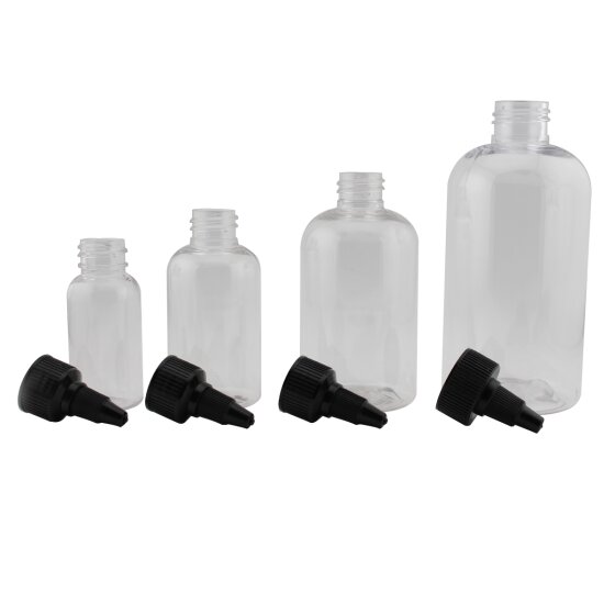 Transparent, clear empty bottles as 1oz - 8oz available with or without twist top cap in black 1200x1200 jpeg