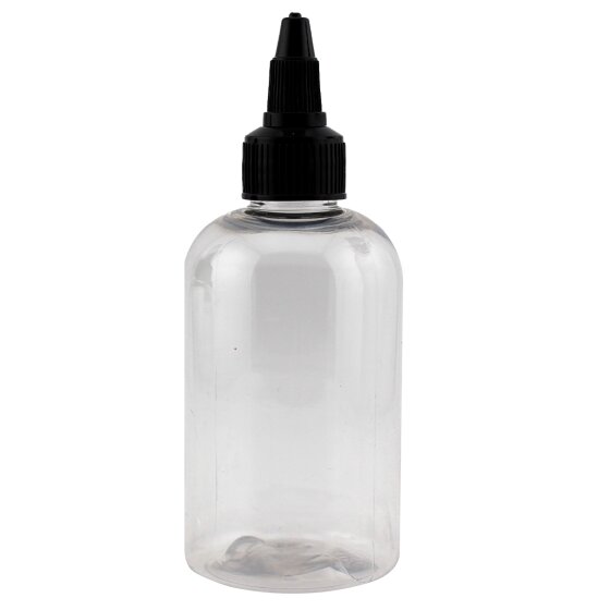 Transparent, clear empty bottle 4oz with twist top cap in black 1200x1200 jpeg