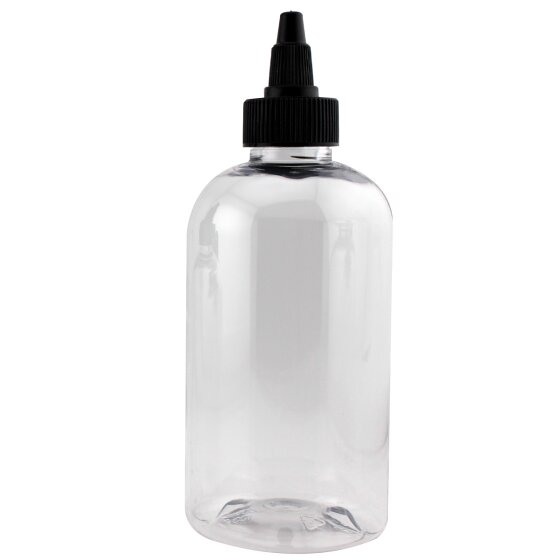 Transparent, clear empty bottle 8oz with twist top cap in black 1200x1200 jpeg