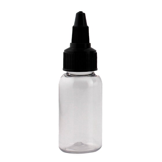 Transparent, clear empty bottle 1oz with twist top cap in black 1200x1200 jpeg