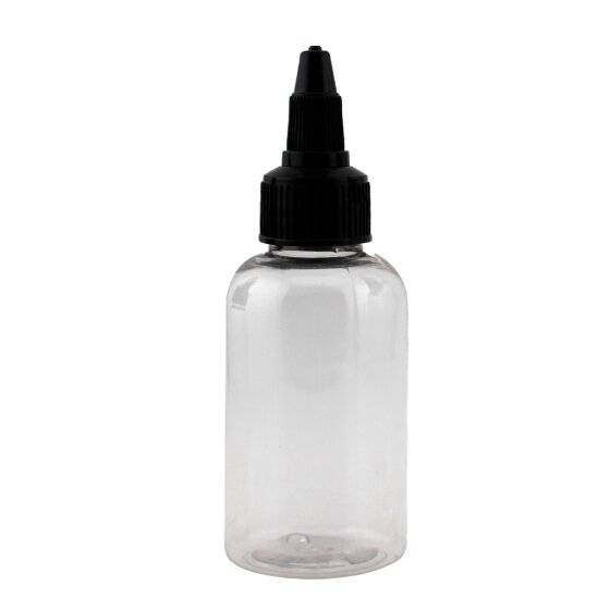Transparent, clear empty bottle 60ml with twist top cap in black 1200x1200 jpeg