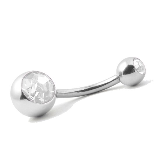 Belly button piercing made of surgical steel with two clear crystals